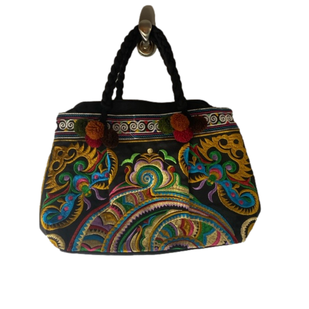 Black Canvas Butterfly & Floral Embroidered Zippered Purse